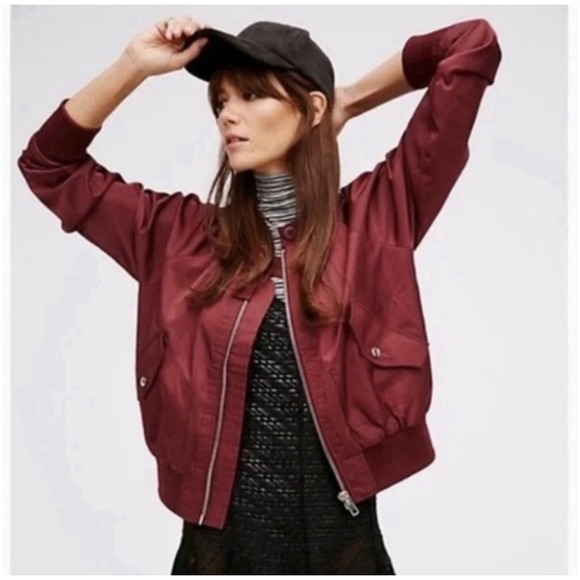 Free People Jackets & Blazers - Free People Size Medium Midnight Bomber jacket Wine Red Satin Members Only Style